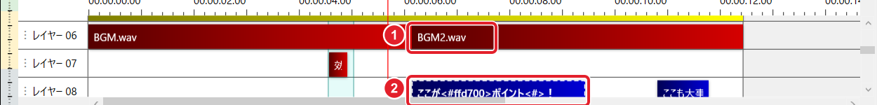 タイムライン。BGM2.wav の始まりと、そろったテロップを赤枠で示している