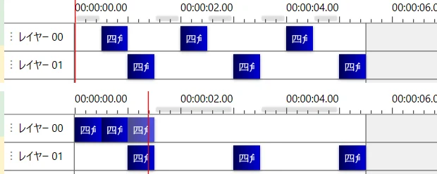 上は2つのレイヤーに3本ずつ離れて並ぶアイテム、下はレイヤー00の3本だけが先頭から連続し、レイヤー01は同じ位置
