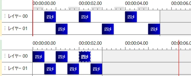 上は2つのレイヤーに3本ずつ離れて並ぶアイテム、下は上下のレイヤーのアイテムが交互に続く