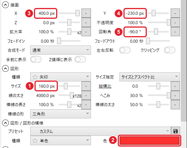 矢印の図形アイテムの欄。サイズ 160.0 px、色(赤)、X 400.0 px、Y -230.0 px、回転角 -90.0° を赤枠と番号で示している