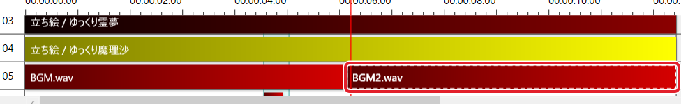 レイヤー05に BGM.wav と BGM2.wav が並んだタイムライン。BGM2.wav を赤枠で示している