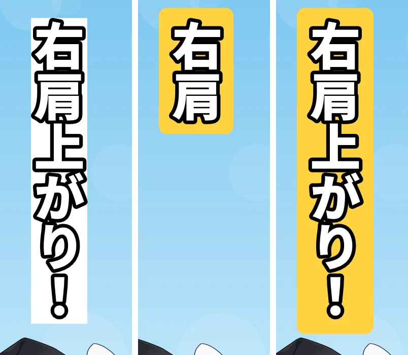 縦書きのテロップを3つ並べた画像。左は文字にぴったりの白い四角、中は「右肩」の2文字分の黄色い四角、右は全部の文字を囲む黄色い角丸の四角