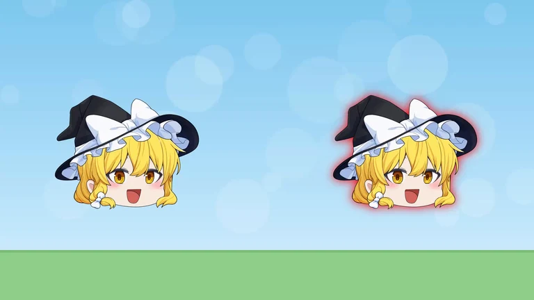左に魔理沙の立ち絵。右にも魔理沙の立ち絵があり、輪郭のまわりが赤くぼやけて光っている