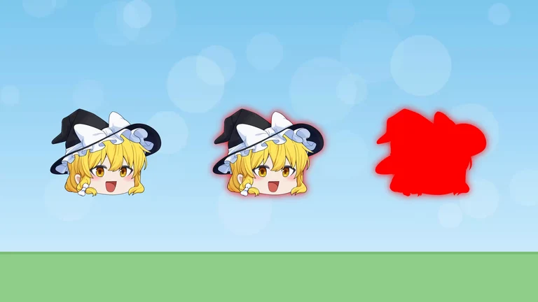 魔理沙の立ち絵が3つ並ぶ。左は元の絵、真ん中は赤いにじみの上に元の色の絵、右は赤一色の絵