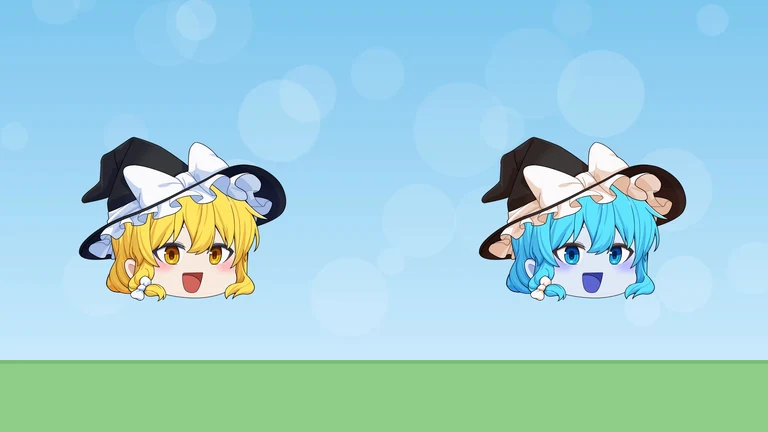 左に魔理沙の立ち絵。右にも魔理沙の立ち絵があり、黄色かった髪が水色に変わっている