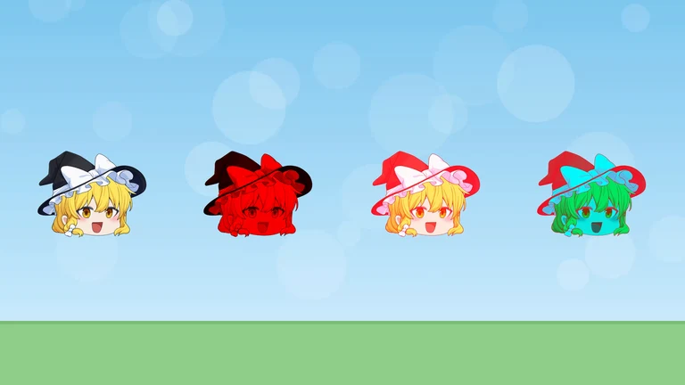 魔理沙の立ち絵が4つ並ぶ。左は元の絵、2つ目は暗い赤、3つ目は赤っぽく明るい絵、右端は水色と緑の反転したような色