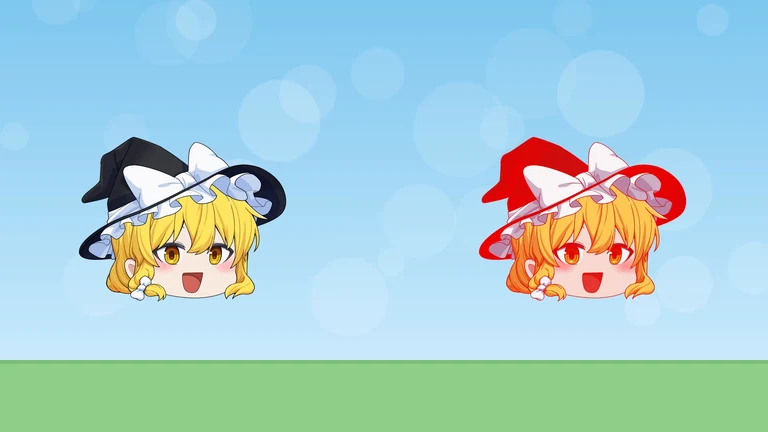 左に魔理沙の立ち絵。右にも魔理沙の立ち絵があり、黒かった帽子が赤く、髪や顔は元の色に近い
