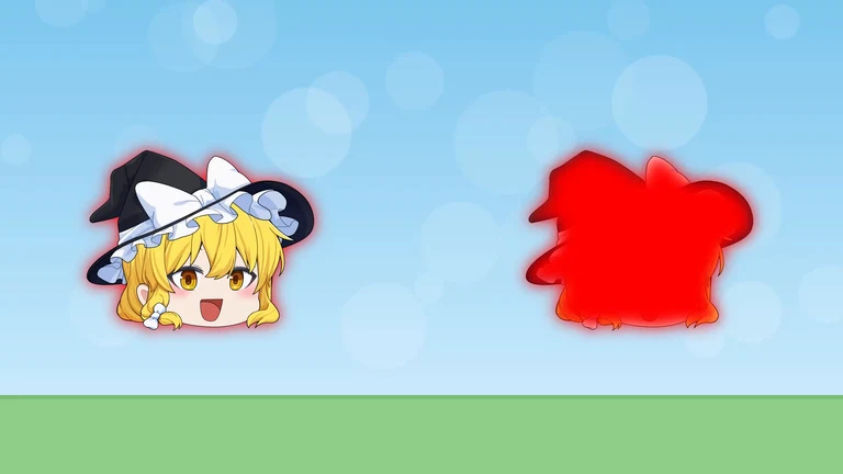 魔理沙の立ち絵が2つ並ぶ。左は元の絵が前に出て、まわりが赤く光っている。右は赤くぼやけた絵が前に出て、元の絵は見えない