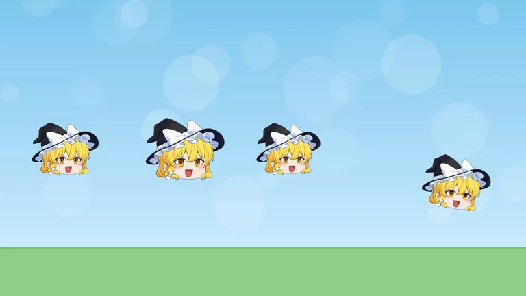 魔理沙の立ち絵が4つ並ぶ。2つ目は大きく、3つ目は横にずれて斜め、4つ目は傾いている