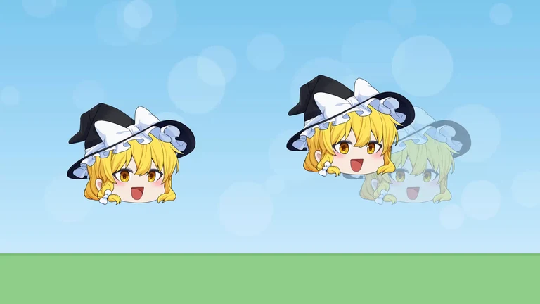 左に魔理沙の立ち絵、右に同じ立ち絵がずれた位置にはっきり映り、元の位置には薄い立ち絵が残っている