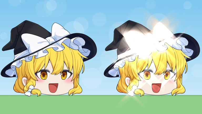 左に魔理沙の立ち絵、右に同じ立ち絵の白いリボンや髪の明るい所が光り、斜めの光の筋が出ている