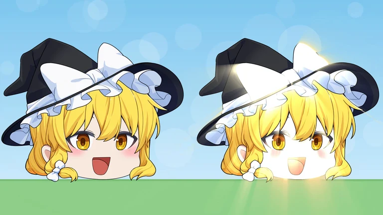 左に魔理沙の立ち絵、右に同じ立ち絵の明るい所から下へ向かって、黄色い光の筋が何本も伸びている