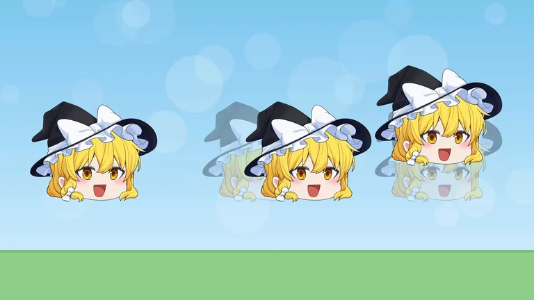 魔理沙が3つ並ぶ。2つ目は右へ、3つ目は上へずれ、それぞれ元の位置に薄い絵がある