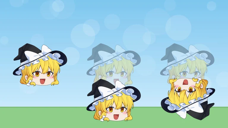 魔理沙が3つ並ぶ。2つ目と3つ目は下へずれ、3つ目だけ逆さまに回っている