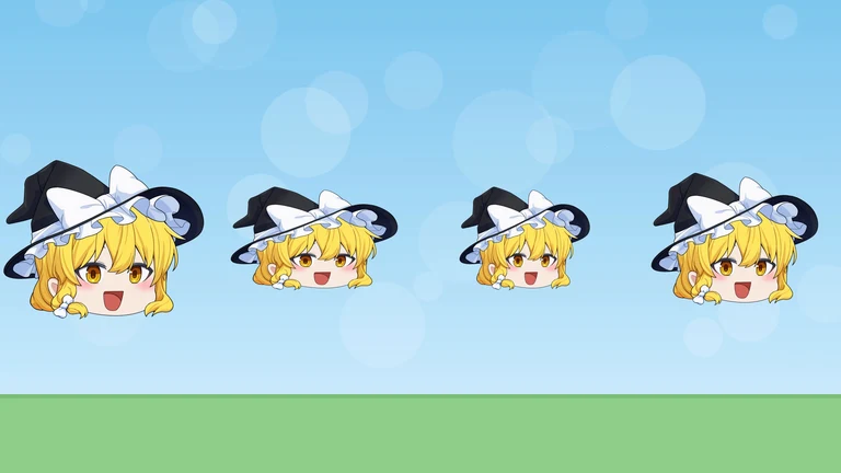 赤い枠で囲んだ魔理沙が4つ並ぶ。2つ目は横長につぶれ、3つ目は縦横の比はそのままで少し小さく、4つ目は縦に少し大きい