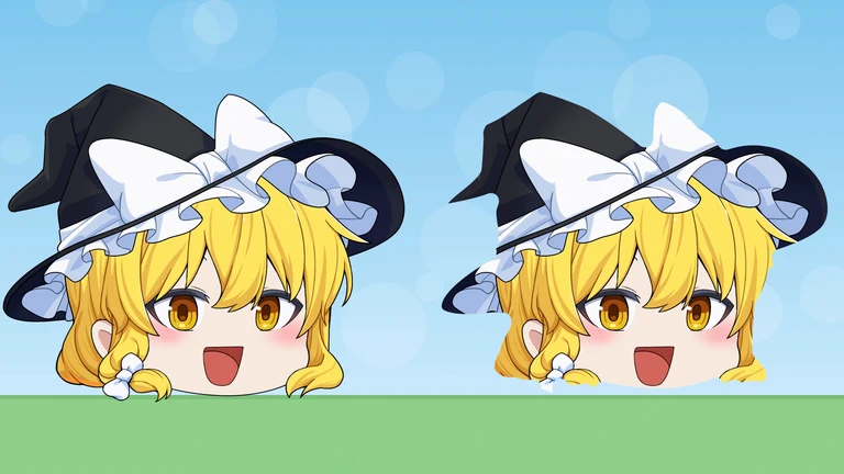 左に魔理沙の立ち絵、右に同じ立ち絵のまわりがひとまわり削れ、帽子のふちや髪の先が細くなっている