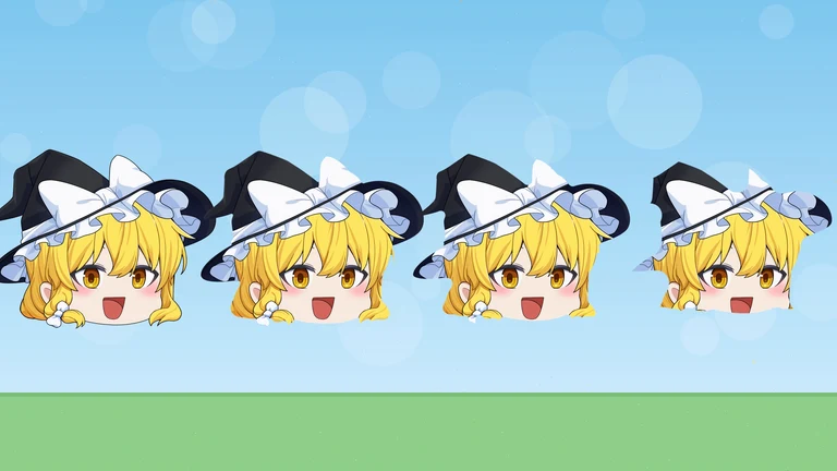 魔理沙の立ち絵が4つ並び、右へ行くほどまわりが削れて小さくなっている