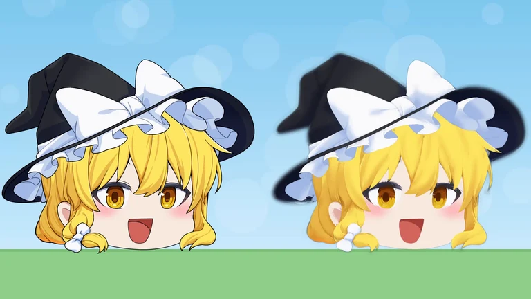 左に魔理沙の立ち絵、右に同じ立ち絵の髪の筋や目の細かい線が塗りつぶされ、絵の具で塗ったようになっている