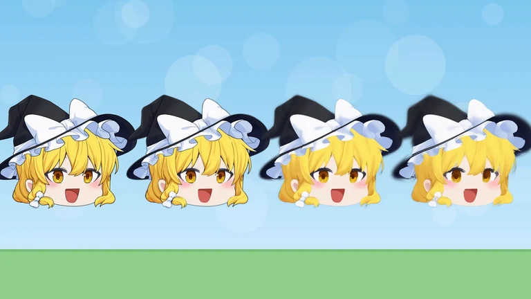 魔理沙の立ち絵が4つ並び、右へ行くほど髪や顔の細かい所がなくなり、べったりした塗りになっている