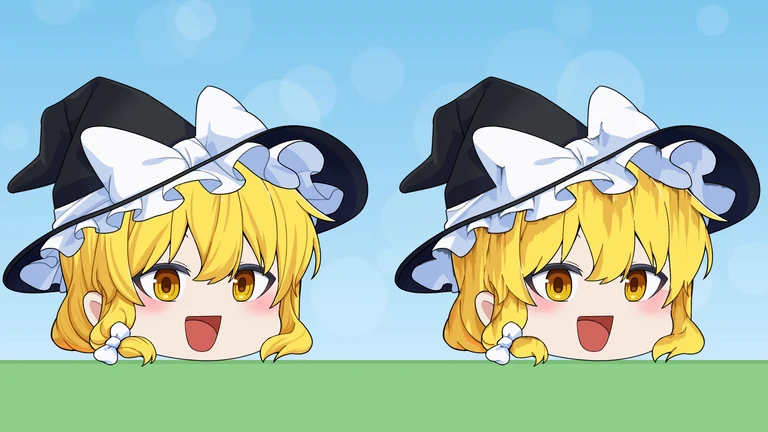 左に魔理沙の立ち絵、右に同じ立ち絵の髪の中に、縦に流れるような筋が入っている