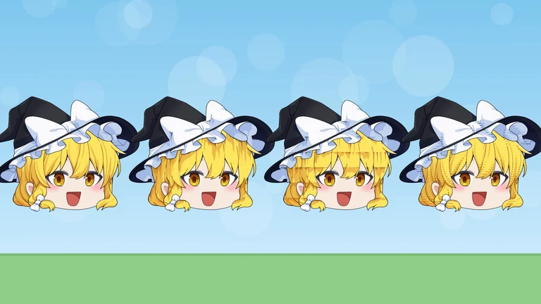 魔理沙の立ち絵が4つ並ぶ。3つ目と4つ目は、髪や帽子の縁に横や縦の細かい筋が入って崩れている