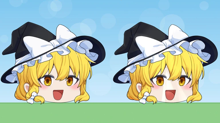 左に魔理沙の立ち絵、右に同じ立ち絵の顔の真ん中に、上から下へ白い光の筋が差している