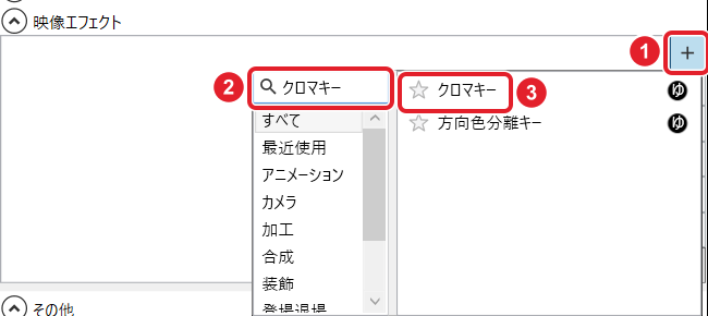 映像エフェクトの+、検索欄「クロマキー」、出てきた「クロマキー」を赤枠で示している