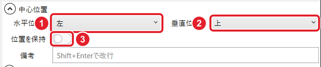 中心位置の設定欄。水平位置、垂直位置、位置を保持を番号で示している