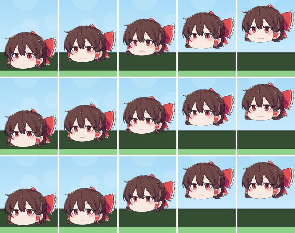 霊夢の立ち絵が上がっていくコマを3段に並べた画像。上の段は同じ間隔、中の段は始めと終わりが少し詰まり、下の段は始めと終わりがほとんど動かない