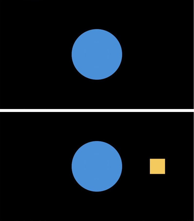 上は画面外を描画オフで青円だけ、下はオンで右に黄色い四角形も現れた縮小コピー