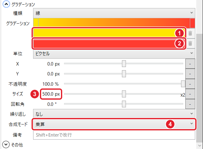 グラデーションの欄。1つ目の色(黄色)、2つ目の色(赤)、サイズ 500.0 px、合成モード 乗算を赤枠と番号で示している