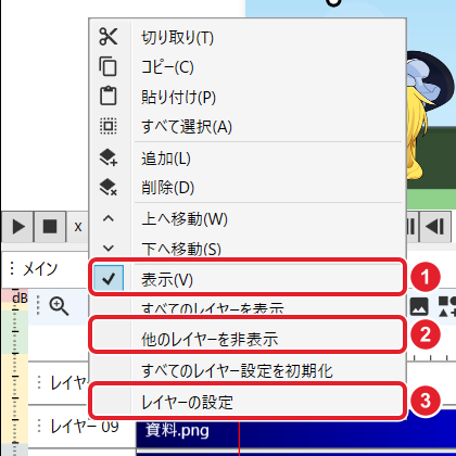 レイヤーの右クリックのメニュー。表示、他のレイヤーを非表示、レイヤーの設定を赤枠で示している