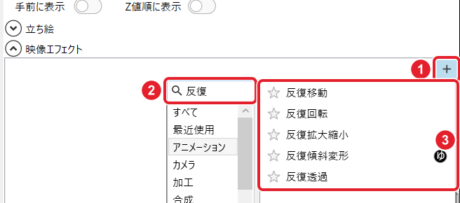 映像エフェクトの+、検索欄「反復」、候補の反復移動〜反復透過を赤枠で示している