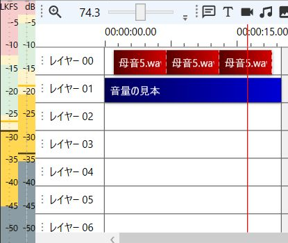 自作音声の再生中、タイムライン左側のラウドネスメーターとピークメーターに異なる高さの黄色い棒が出ている