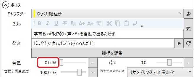 セリフのアイテム欄の「音量」0.0% を赤枠で示している