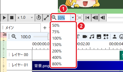 表示倍率の欄と、開いた一覧(50% から 800%)を赤枠と番号で示している
