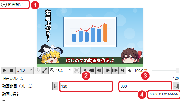 動画出力の窓。範囲指定の見出し、動画範囲(フレーム)の 120 と 300、動画の長さ 00:00:03.0166666 を赤枠で示している