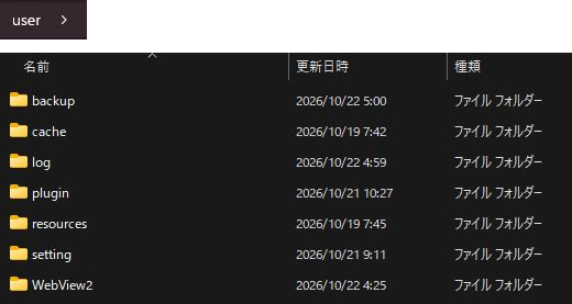 userのフォルダー名とbackup/cache/log/plugin/resources/setting/WebView2の一覧