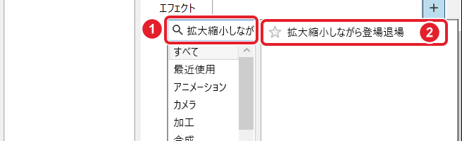 候補の窓。検索欄の「拡大縮小しながら」と、候補の拡大縮小しながら登場退場を赤枠と番号で示している