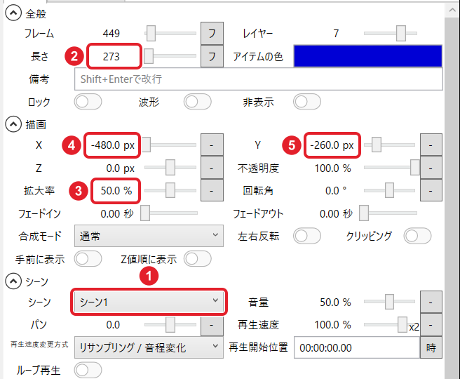 シーンアイテムの欄。シーン「シーン1」、長さ 273、拡大率 50.0 %、X -480.0 px、Y -260.0 px を赤枠と番号で示している