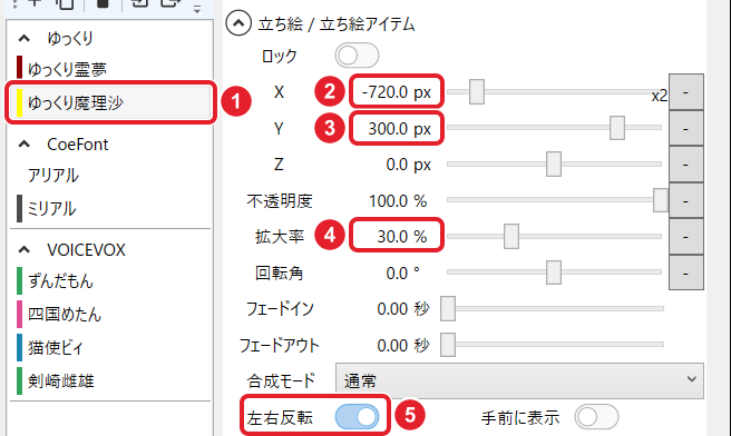 魔理沙を選んだキャラクター設定。「立ち絵 / 立ち絵アイテム」の X -720、Y 300、拡大率 30%、左右反転オンを赤枠で示している