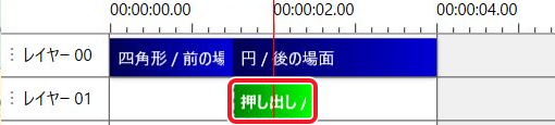 タイムラインの押し出しの場面切り替えアイテムを赤枠で示している
