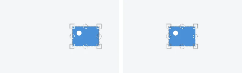 左は中央寄せオフの青い絵と小さな枠、右は同じ大きさの絵と枠が左へ移っている