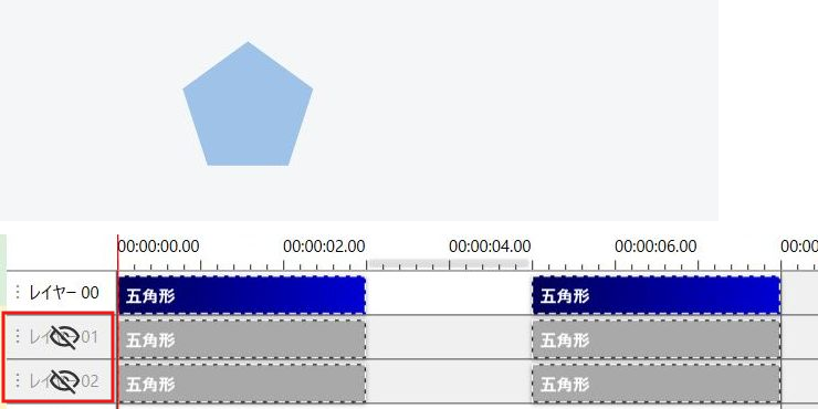 上は左の五角形だけが見えるプレビュー。下はレイヤー00だけが青く、01と02は灰色で非表示の印が付いたタイムライン