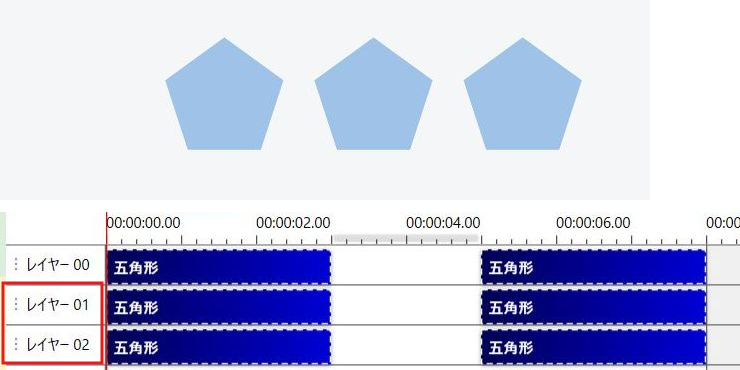 上は五角形3つが戻ったプレビュー。下はレイヤー00・01・02の図形アイテムがすべて青く表示されたタイムライン