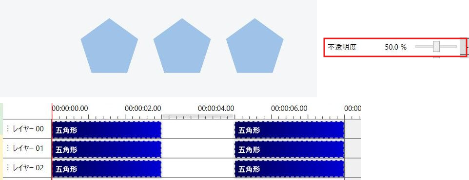 上に薄くなった五角形3つと不透明度50%の欄、下に選択状態を保った6つの図形アイテム